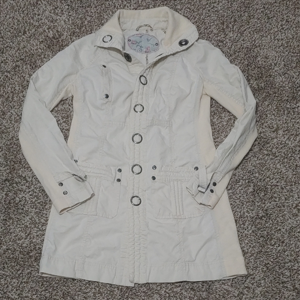 Free People Cream Utility Jacket Snap Button Cotton Trench Coat Women Size 2